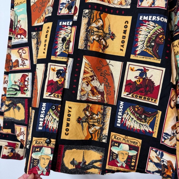 Vintage Made in USA 100% Cotton Cowboy Western Button Down post card print XL - Picture 2 of 7